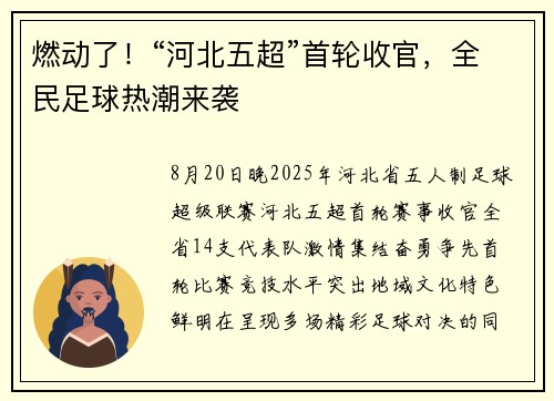 燃动了!“河北五超”首轮收官,全民足球热潮来袭
